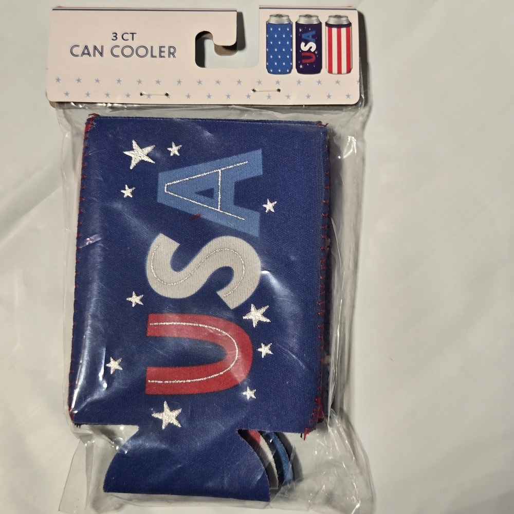 USA‎ Patriotic Can Cooler 3 Pack Slim Insulated Sleeves Stars and Stripes Blue
